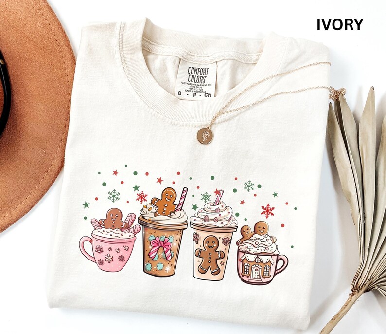 Camiseta de chocolate caliente con estampado de pan de jengibre, camiseta navideña Comfort Colors, camiseta de café navideña, camiseta de latte con lazo coqueto, camiseta con estampado de bebida invernal acogedora imagen 4