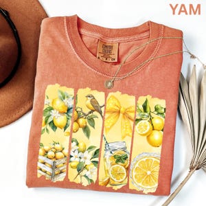 May include: Coral-colored t-shirt with a lemon-themed graphic. The graphic features lemons, a bird, a bow, and a jar of lemonade. The shirt has a crew neck and short sleeves. A gold necklace is draped on the shirt.