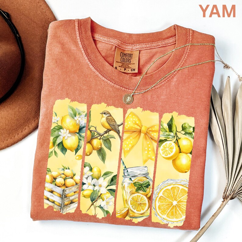 May include: Coral-colored t-shirt with a lemon-themed graphic. The graphic features lemons, a bird, a bow, and a jar of lemonade. The shirt has a crew neck and short sleeves. A gold necklace is draped on the shirt.