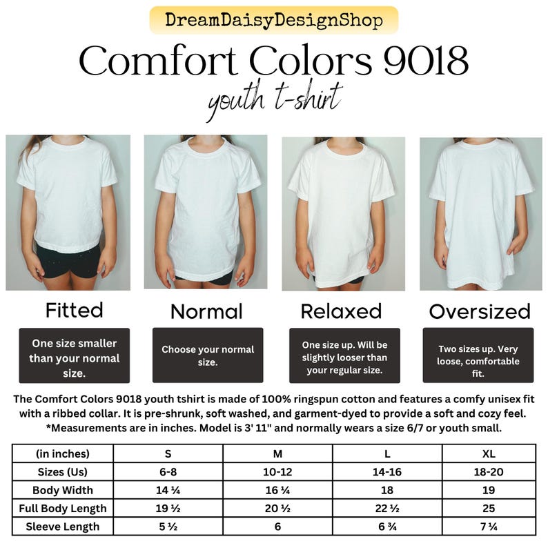 May include: White Comfort Colors 9018 youth t-shirts in fitted, normal, relaxed, and oversized styles. The image includes a size chart with measurements in inches for sizes S to XL. The shirts are made of ringspun cotton.