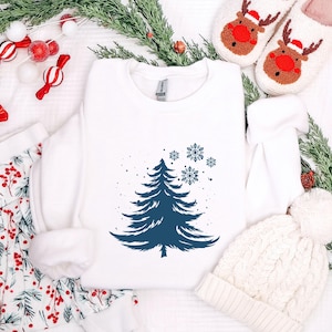 Minimalist Blue Christmas Tree Sweatshirt, Snowflake Winter Crewneck, Winter Snowflake Hoodie, Festive Winter Pullover, Sweatshirt for Women image 3