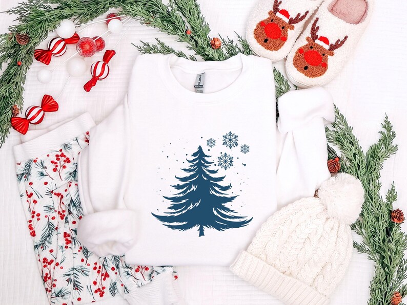 Minimalist Blue Christmas Tree Sweatshirt, Snowflake Winter Crewneck, Winter Snowflake Hoodie, Festive Winter Pullover, Sweatshirt for Women image 3