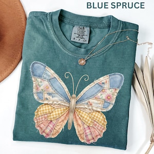 Comfort Colors Faux Patchwork Butterfly Shirt Spring Wildflower Aesthetic Graphic Tee Adult And Youth Matching Boho Vintage Shirts for Women image 10