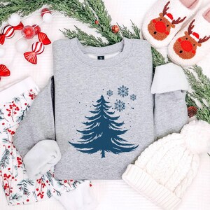Minimalist Blue Christmas Tree Sweatshirt, Snowflake Winter Crewneck, Winter Snowflake Hoodie, Festive Winter Pullover, Sweatshirt for Women image 6