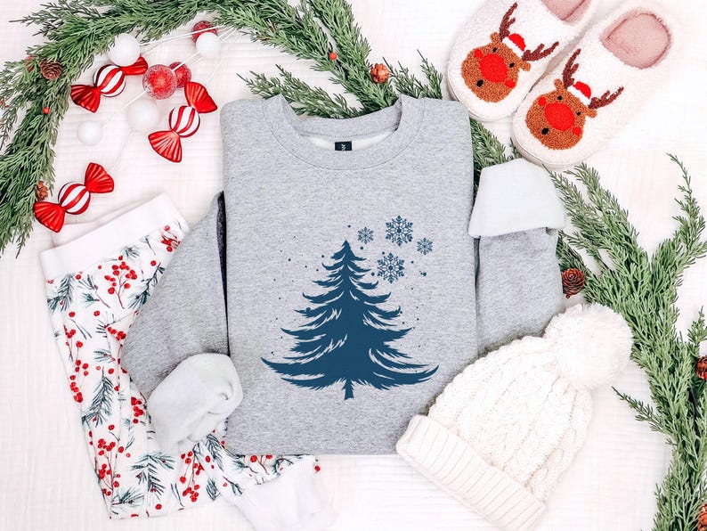 Minimalist Blue Christmas Tree Sweatshirt, Snowflake Winter Crewneck, Winter Snowflake Hoodie, Festive Winter Pullover, Sweatshirt for Women image 6