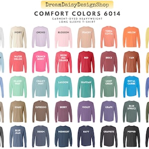 a collection of various long sleeve t-shirt designs in different colors, including white, ivory, orchid, blossom, peach, terracotta, melon, butter, chambray, watermelon, crunch, red, brick, yam, mustard, water, island, reef, lavender, mint, lagoon, sea foam, light green, royal carrot, flo blue, sand, kaki, espresso, berry, violet, grape, blue sprig, hemp, blue, purple, blue sprig, black, and gray.