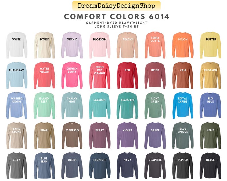 a collection of various long sleeve t-shirt designs in different colors, including white, ivory, orchid, blossom, peach, terracotta, melon, butter, chambray, watermelon, crunch, red, brick, yam, mustard, water, island, reef, lavender, mint, lagoon, sea foam, light green, royal carrot, flo blue, sand, kaki, espresso, berry, violet, grape, blue sprig, hemp, blue, purple, blue sprig, black, and gray.