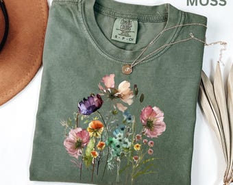 Comfort Colors Wildflower Shirt Boho Cottagecore Watercolor Shirt Vintage Pressed Flower Botanical Floral Watercolor Shirt for Women