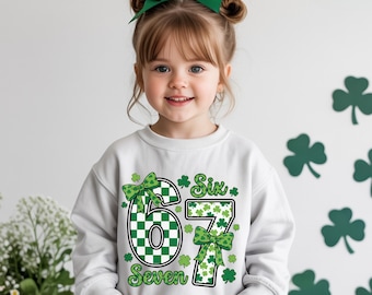 Funny Six Seven Meme St Patricks Day Sweatshirt For Toddler And Youth Girls Shamrock Bow Clover Gift Outfit, Trendy Sweatshirt for Kids