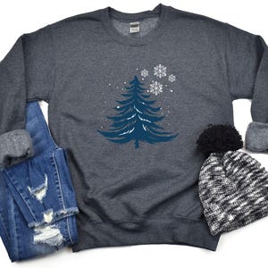 Minimalist Blue Christmas Tree Sweatshirt, Snowflake Winter Crewneck, Winter Snowflake Hoodie, Festive Winter Pullover, Sweatshirt for Women image 7
