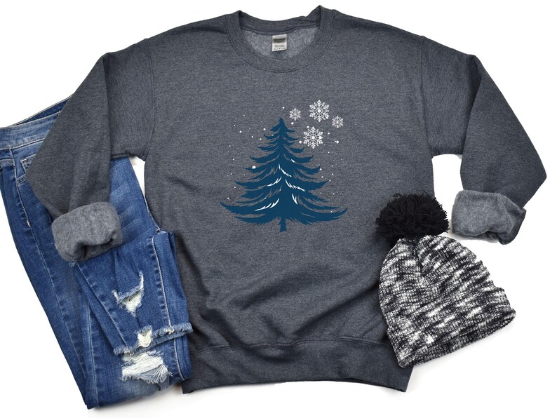 Minimalist Blue Christmas Tree Sweatshirt, Snowflake Winter Crewneck, Winter Snowflake Hoodie, Festive Winter Pullover, Sweatshirt for Women image 7