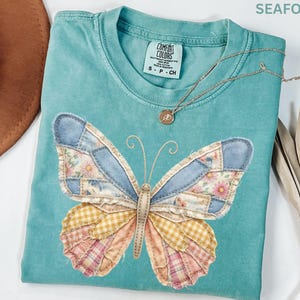 Comfort Colors Faux Patchwork Butterfly Shirt Spring Wildflower Aesthetic Graphic Tee Adult And Youth Matching Boho Vintage Shirts for Women image 3