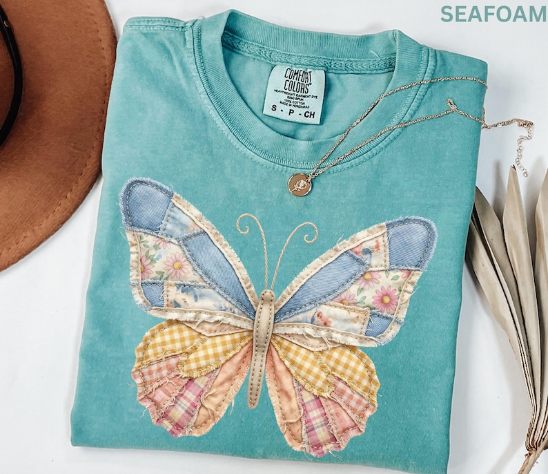 Comfort Colors Faux Patchwork Butterfly Shirt Spring Wildflower Aesthetic Graphic Tee Adult And Youth Matching Boho Vintage Shirts for Women image 3