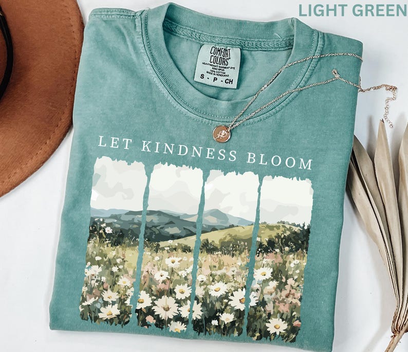 Camiseta Comfort Colors Let Kindness Bloom, camiseta retro de flores silvestres, camiseta inspiradora de bondad, camiseta floral de primavera con mensaje positivo para mujer. imagen 2