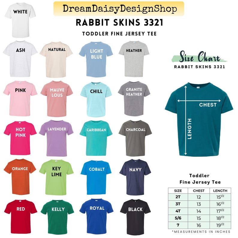 The image is a size chart for a rabbit skins 3321 toddler fine jersey t-shirt, featuring a variety of different colored t-shirts in the sizes of 2T, 3T, 4T, 5T, 6T, 7T, and 8T.