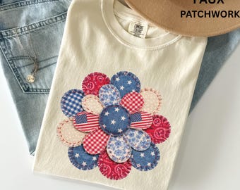 Comfort Colors Faux Patchwork Daisy Fourth Of July Shirt American Flag Flower Shirt, Patriotic Flower Shirt For Women Youth Girl USA Shirt