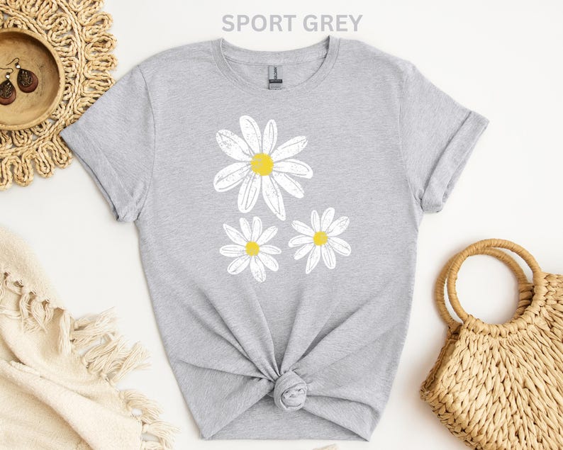 Daisy Shirt, Boho Floral Graphic Tee, Retro Aesthetic Flower Shirt, Spring Flower Trendy Summer Three Daisy Shirt for Women and Youth Girl image 10