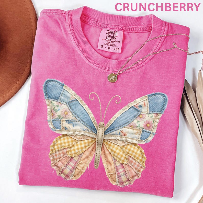 Comfort Colors Faux Patchwork Butterfly Shirt Spring Wildflower Aesthetic Graphic Tee Adult And Youth Matching Boho Vintage Shirts for Women image 7
