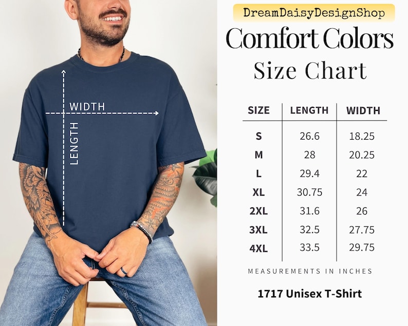 The image is a size chart for a 1717 unisex t-shirt, showing the measurements for different sizes.