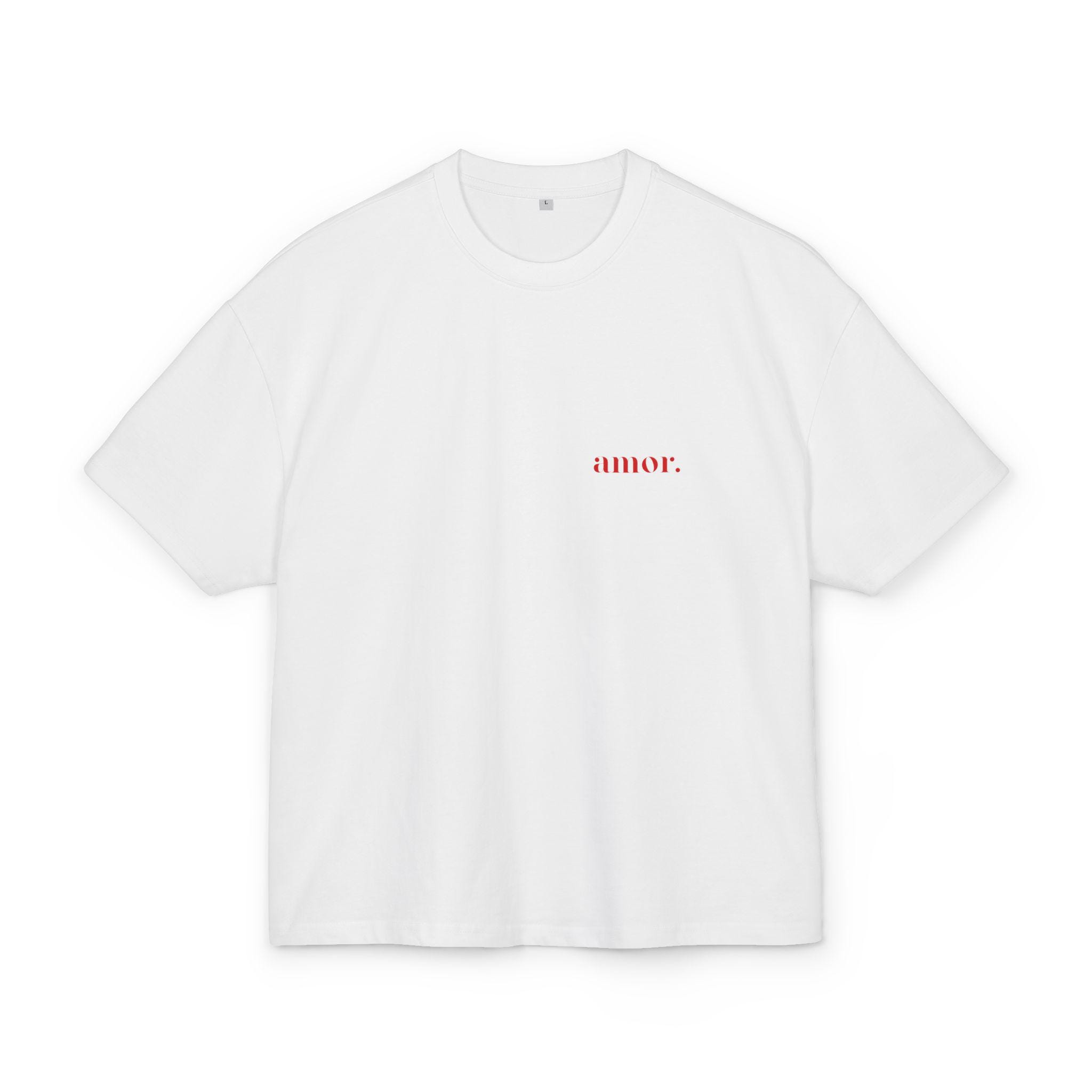 Amor T-Shirt, Spanish Love Quote Tee, Más Amor Por Favor Shirt, Minimal Romantic Typography, Boxy Unisex Fit, Red Lettering Top-GL032