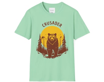 Crusader Bear T-Shirt, Wilderness Adventure Tee, Unisex Softstyle Shirt with Nature Print, Bold Forest Animal Hiking Graphic-GL008