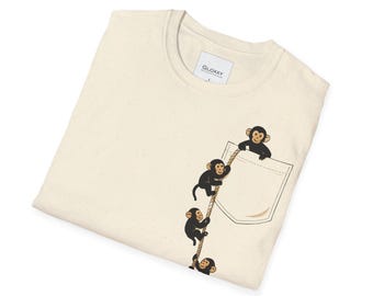 Funny Monkey Pocket T-Shirt, Cute Climbing Monkeys Tee, Playful Jungle Animal Shirt, Gift for Animal Lovers-GL082
