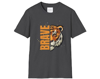 Brave Tiger T-Shirt, Unisex Softstyle Tee, Fierce Animal Graphic Shirt, Jungle Strength Design, Bold Motivational Gift Top-GL002