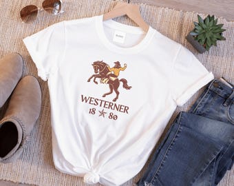 Westerner Cowboy T-Shirt, Vintage 1880 Rodeo Tee, Western Horse Rider Shirt, Retro Wild West Design, Country Gift, Frontier Spirit-GL-079