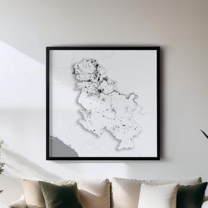 Serbien - Print - Schwarzweiße Landkarten Wandkunst | Set mit 5 Detailkarten | Wanddekoration