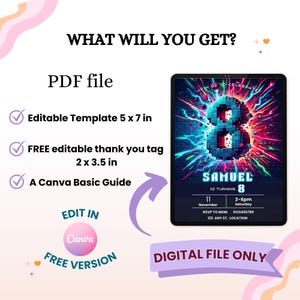 May include: Digital birthday invitation template for an 8th birthday. The invitation features a vibrant design with a large number 8, the name "Samuel", and event details. Includes a PDF file, editable template (5 x 7 in), and a free thank you tag (2 x 3.5 in).