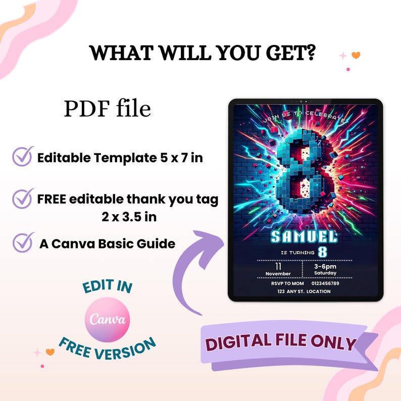 May include: Digital birthday invitation template for an 8th birthday. The invitation features a vibrant design with a large number 8, the name "Samuel", and event details. Includes a PDF file, editable template (5 x 7 in), and a free thank you tag (2 x 3.5 in).