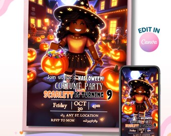 Halloween Party Invitation, Roblox Girl Invite, Pumpkin Invitation Template, Digital Download
