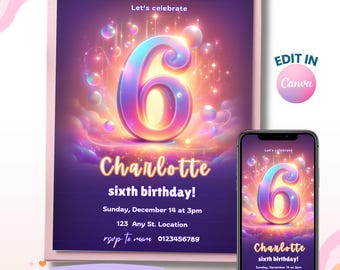 Purple 6th Birthday Invitation, Glitter Party Invite, Girl 6th Invitation, Digital Download