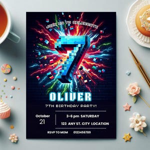 May include: A birthday party invitation with a pixelated blue number 7, the name "OLIVER", and party details against a dark brick wall background. The invitation includes the text "JOIN US TO CELEBRATE" and the date, time, and location of the party.