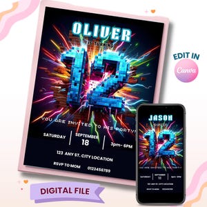 12th Birthday Invitation, Boy Invitation, Editable Birthday Party Invites, Boy Birthday Invitation, Digital Download, Boy 12th Birthday
