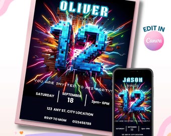 May include: Digital birthday party invitation featuring a pixelated blue number 12 against a brick wall background with colorful lightning bolts. The invitation includes the name "Oliver", party details, and the text "Digital File". A phone displays a similar design.