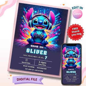 Stitch sjabloon verjaardagsfeestje, steek bewerkbare sjabloon verjaardagsuitnodiging, afdrukbare verjaardagsuitnodigingen, digitale gamer