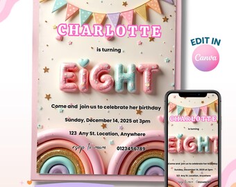 8th Birthday Girl, Rainbow Sequin Birthday Invitation, Glitter Invite, Girl Party Invites, Digital Invite, Instant Download