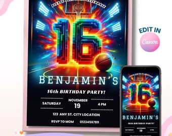 16th Birthday Boy,  Basketball Invitation, Sixteen Gaming Sports Invitation, Boy Invitation, Digital Invite, Instant Download