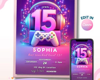 15th Birthday Teenage Girl, Girl Birthday Invitation, Video Gaming Party Invite, Level Up Birthday, Digital Invite, Instant Download