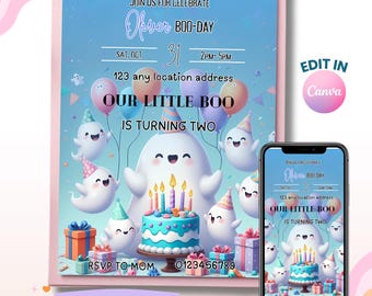 Ghost Birthday Invitation, Halloween Party Invite, Little Boo Party (Digital Download)