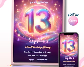 13th Birthday Teenage Girl, Purple Rainbow Invitation, Double Digit Invite, Canva Template, Instant Download