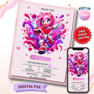 Faire-part d'anniversaire Sonic, Amy Roses Party inviter, modèle d'invitation Sonic modifiable, invitation imprimable, modèle de toile, téléchargement numérique