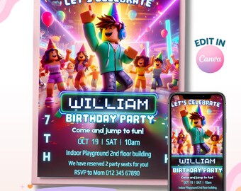 Indoor Playground Party Invitation, Roblox Invite, Boy Birthday Invitation, Gamer Party, Digital Download