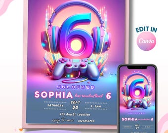 Girl Game Party Invitation, Video Gaming Invite, 6th Girl Invitation, Kids Gaming 6th Birthday Invite, Digital Invite, Instant Download