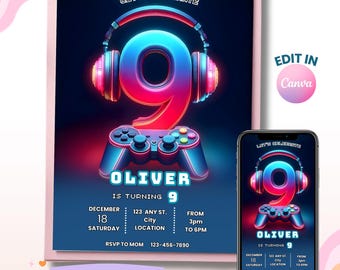 9th Birthday Boy, Video Gaming Invitation Birthday, Boy Invites, Neon 9 Party Invite, Digital Invite, Instant Download