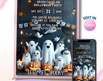 Spooky Ghost Halloween Party Invitation, Kids Costume Invite (Digital Download)