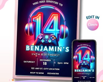 Video Game Party Invitation, 14th Gamer Birthday Invitation, Level Up Party, Gamer Boy Canva Template, Digital Download