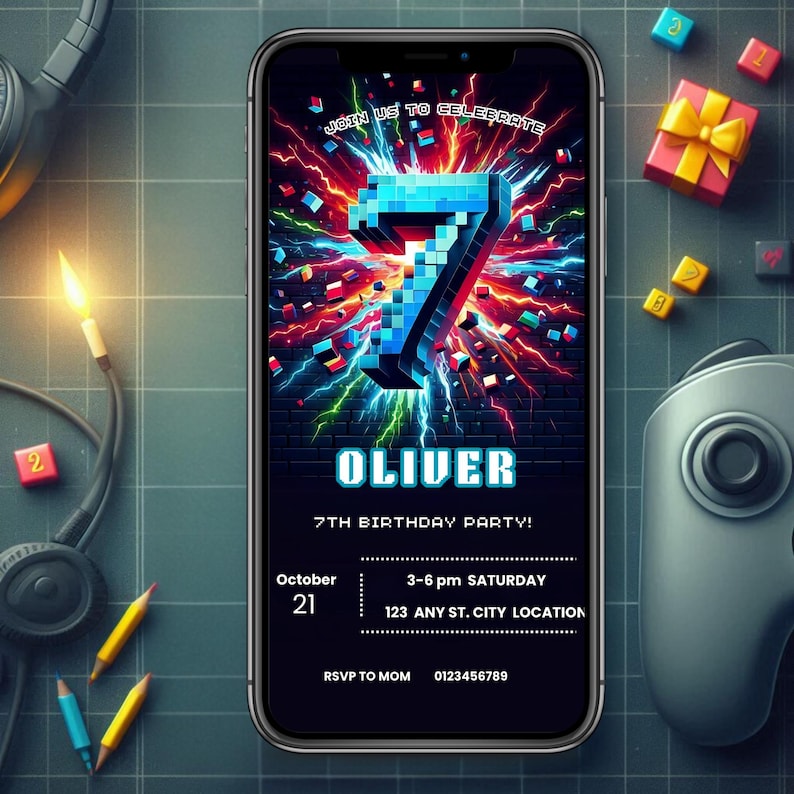 May include: A smartphone displays a vibrant birthday party invitation. The design features a pixelated number 7, the name "OLIVER", and party details. Surrounding the phone are gaming accessories and small gifts.
