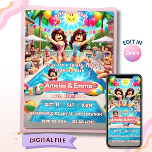 May include: Digital birthday invitation with a pool party theme, featuring cartoon characters. The invitation includes the text "Dive into Fun!" and "Join us for a Splash-tastic Birthday Bash". It also includes the names "Amelia & Emma" and the date and time.